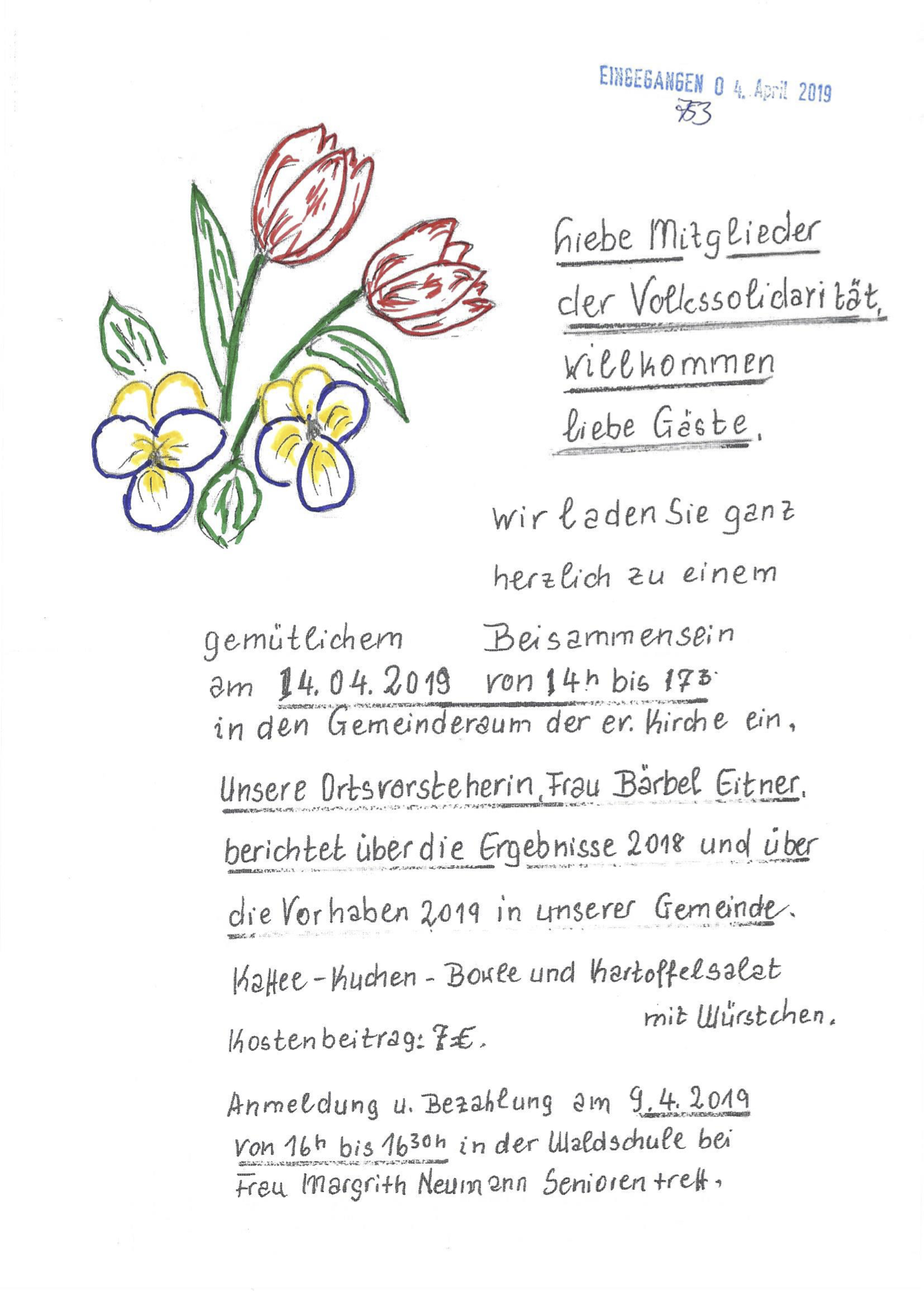 Einladung zum gemütlichen Beisammensein in Pausin am 14. April 2019